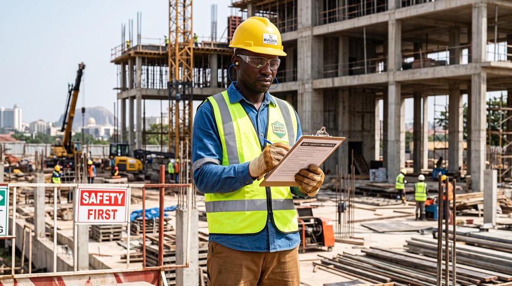 Construction worker in full PPE on site
